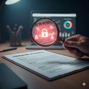 imagen que visualice la idea de "costes ocultos" o una "trampa" en un contrato de financiación. Podría ser un contrato con parte de la información oculta o una lupa revelando lo que no se ve a primera vista.