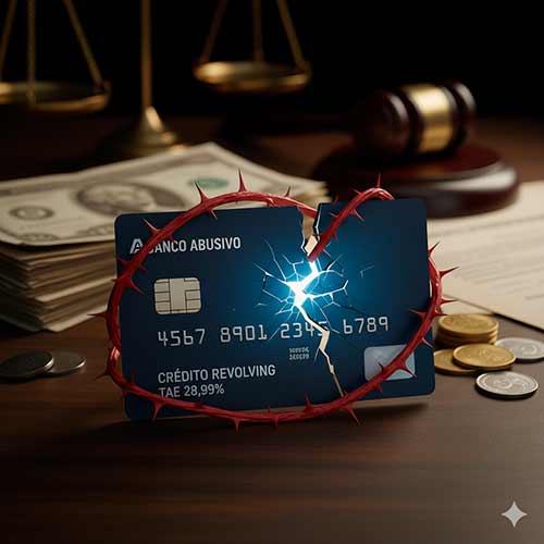 Imagen de una reclamación de tarjeta revolving. Una tarjeta de crédito rota con "TAE 28,99%" y envuelta en espinas, simbolizando la usura, frente a una balanza de la justicia y un mazo de juez.